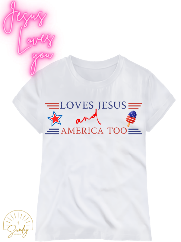 LOVES JESUS AND AMERICA TOO KIDS TEE